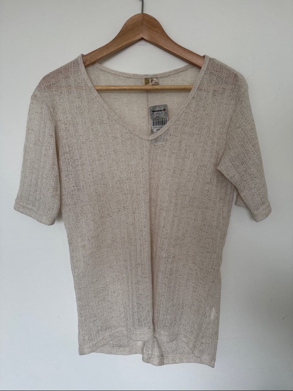 BKE Sheer Cream V-Neck Short Sleeve Knit Top